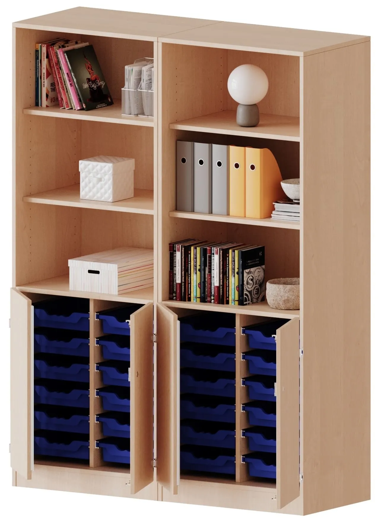 Kombischrank mit 24 flachen ErgoTray Boxen und 6 oder 12 offenen Fächern, Breite 140,6 cm - EVO180 Serie