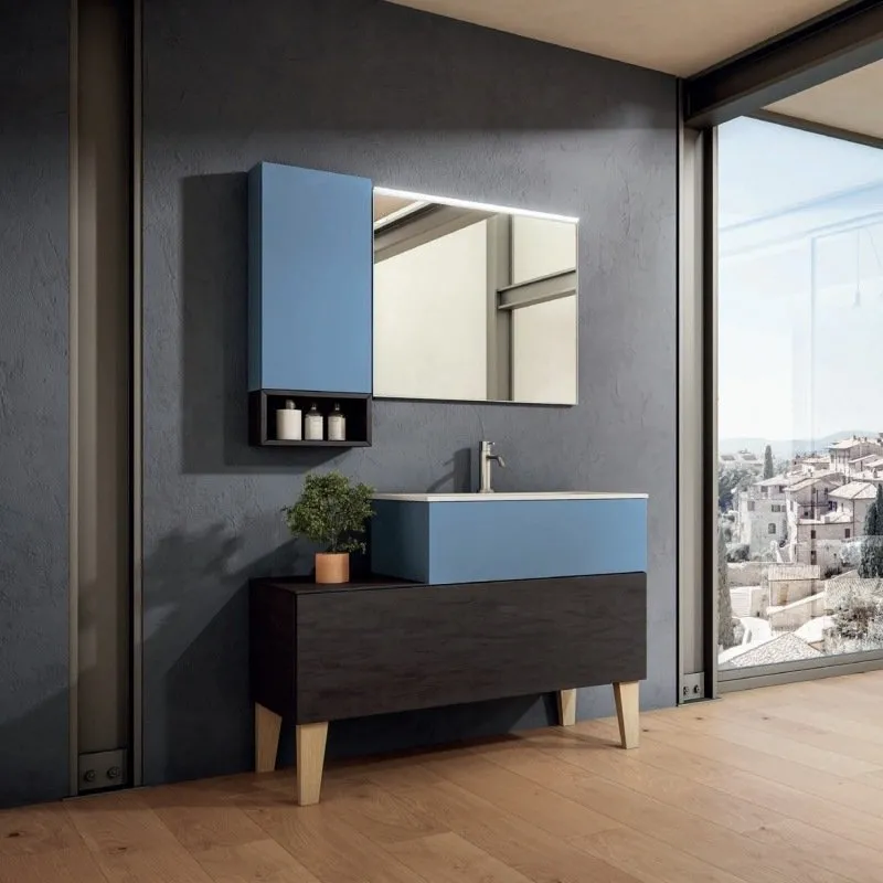 PREMI E APRI WASCHBECKENUNTERSCHRANK MIT 1 SCHUBLADE, HÄNGEKONSOLE UND SPIEGEL