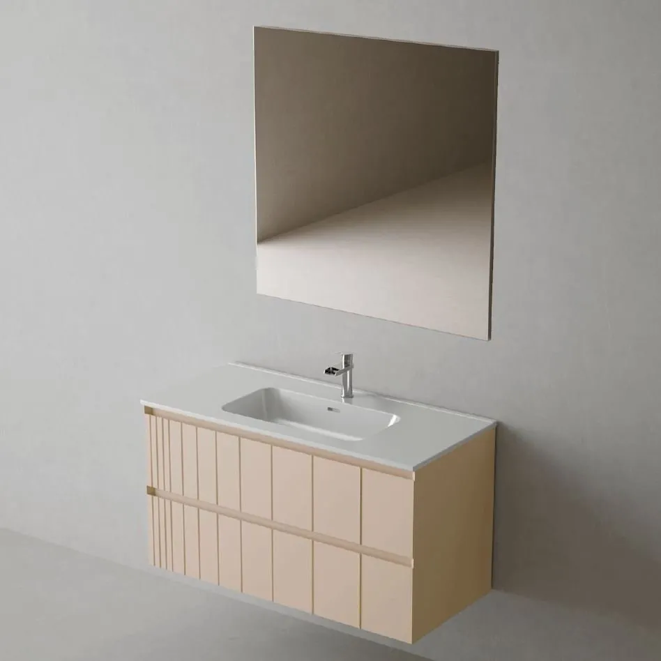 POLE SCHRANK 60CM WANDHÄNGEND 2 SCHUBLADEN MIT WASCHTISCH+SPIEGEL GREIGE MATT