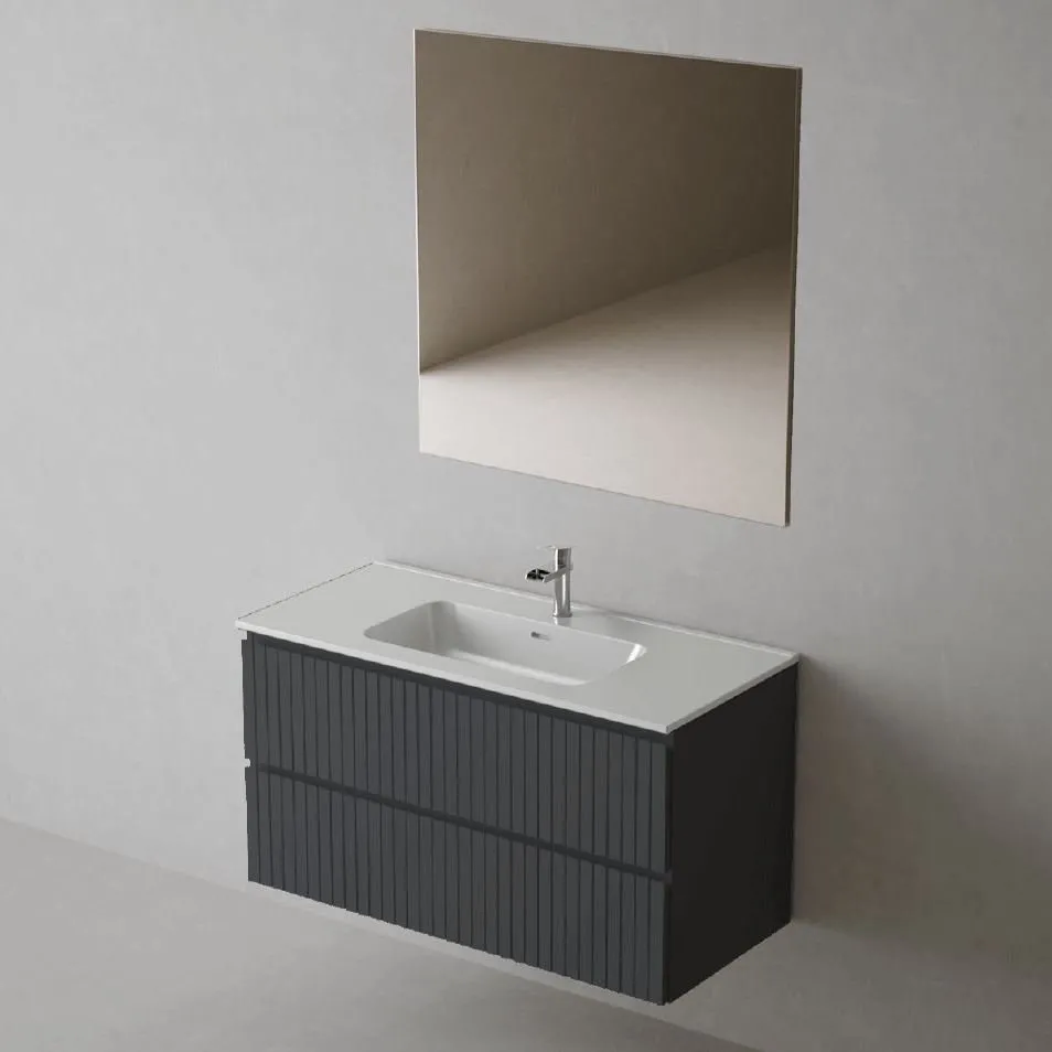 GLOW SCHRANK 60CM WANDHÄNGEND 2 SCHUBLADEN MIT WASCHTISCH+SPIEGEL SCHWARZ MATT