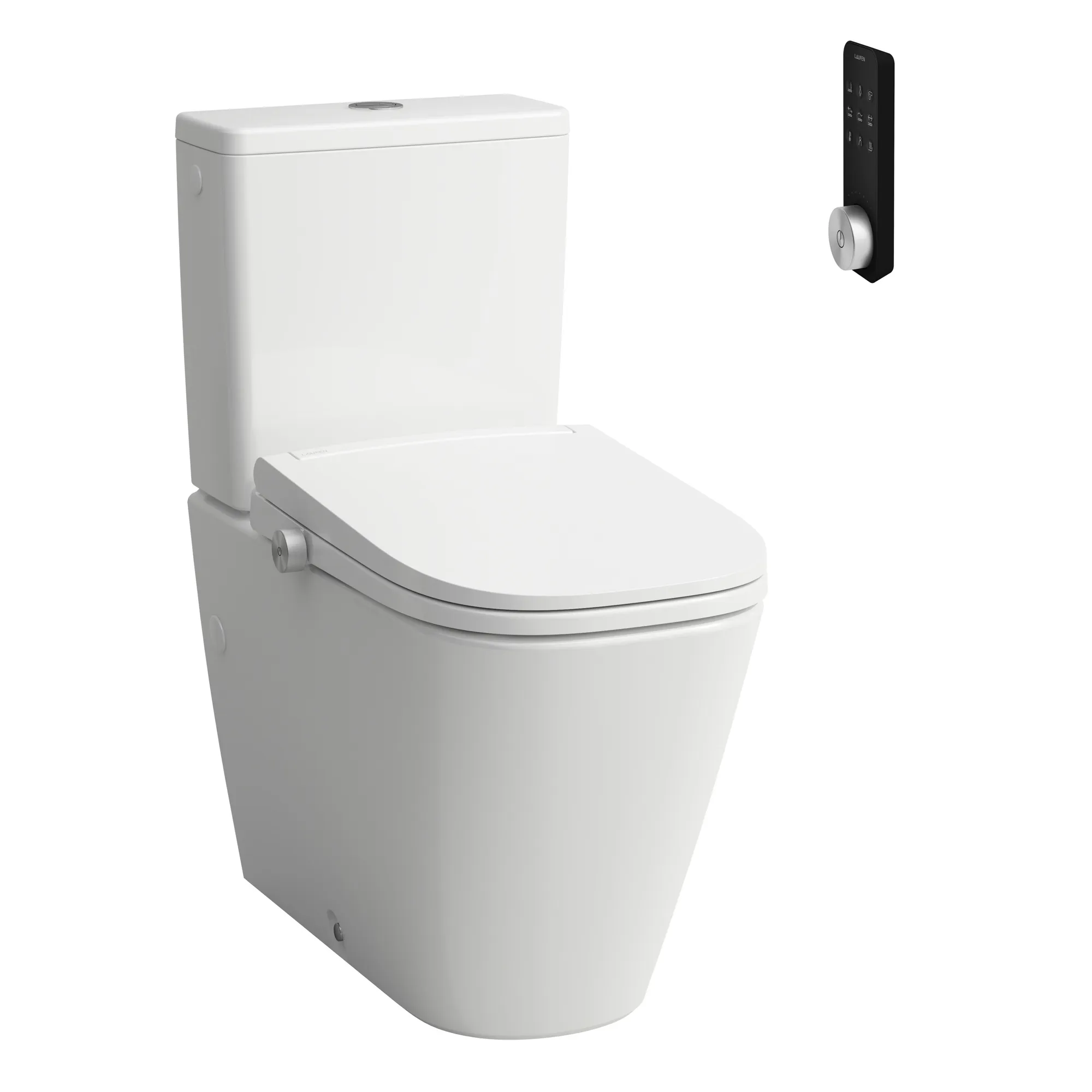 CLEANET MEDA Spülrandlose Stand-WC-Kombination, Silent Flush, Abgang waagrecht oder senkrecht Tiefspüler für 6/3l-Spülung mit Dusch-WC Aufsatz mit Fernbedeinung, Fön & Sitzheizung, weiß