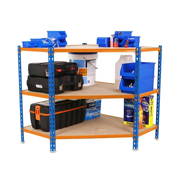 Eckregal SMALL MULI | HxBxT 90x90x30cm | 3 Fachböden | Fachlast 200kg | Blau-Orange | Lagerregal Kellerregal Werkstattregal Metallregal Fachbodenregal Steckregal