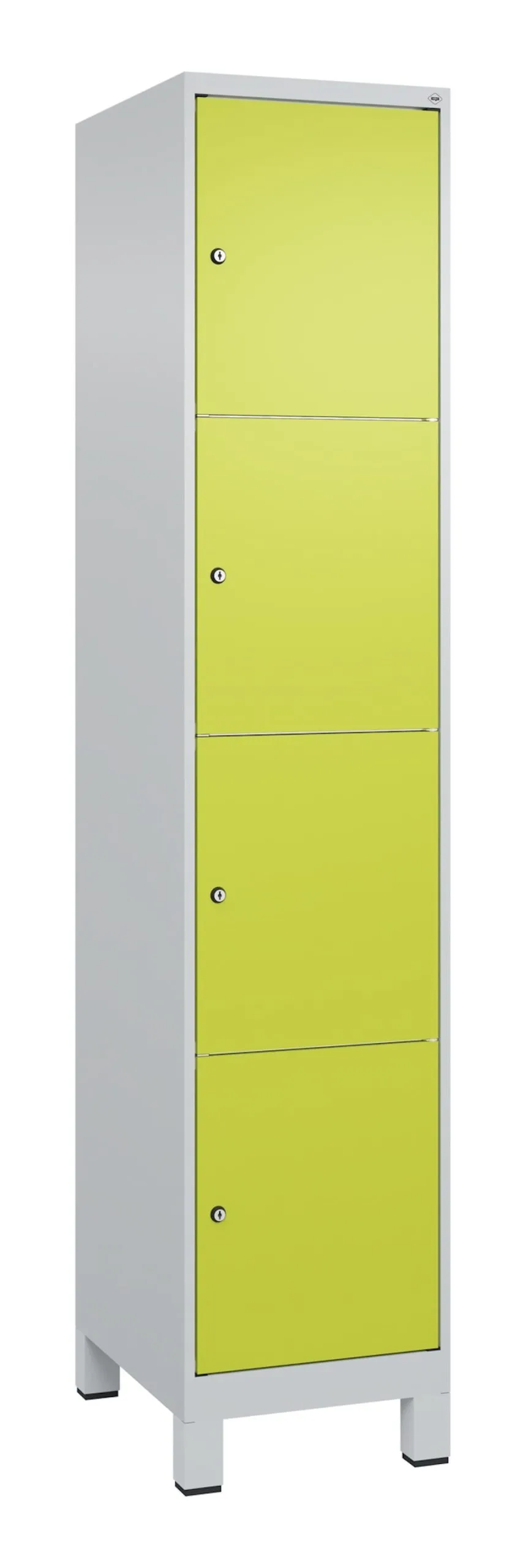 C+P Schließfachschränke Classic PLUS mit Füßen | 4 Abteile | HxBxT 195x40x50cm | Zylinderschloss | Stahl | Lichtgrau/Clowngrün