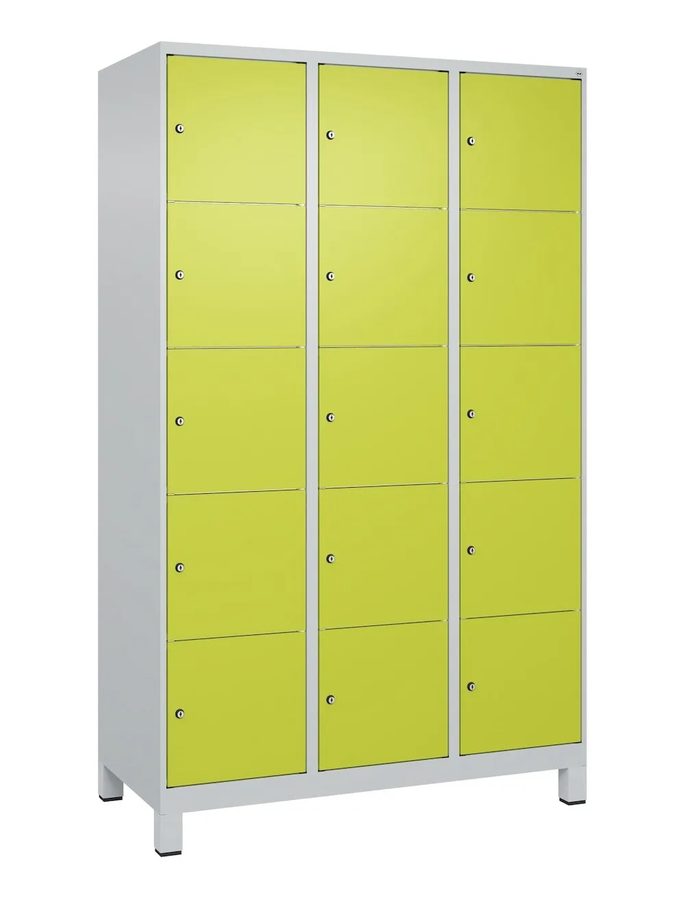 C+P Schließfachschränke Classic PLUS mit Füßen | 15 Abteile | HxBxT 195x120x50cm | Zylinderschloss | Stahl | Lichtgrau/Clowngrün