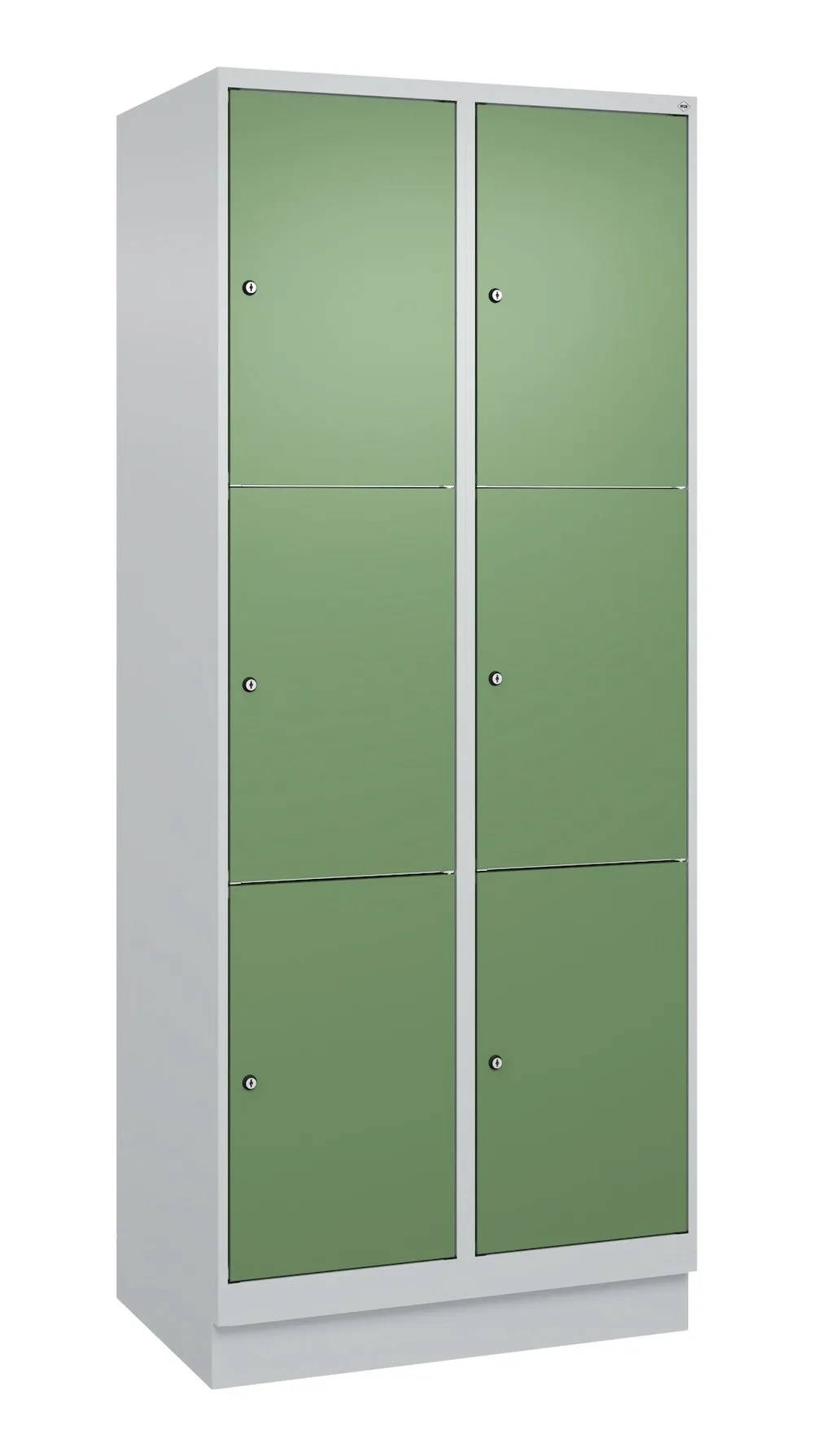 C+P Schließfachschränke Classic PLUS mit Sockel | 6 Abteile | HxBxT 195x80x50cm | Zylinderschloss | Stahl | Lichtgrau/Resedagrün