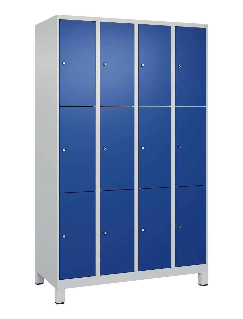 C+P Schließfachschränke Classic PLUS mit Füßen | 12 schmale Abteile | HxBxT 195x120x50cm | Zylinderschloss | Stahl | Lichtgrau/Enzianblau