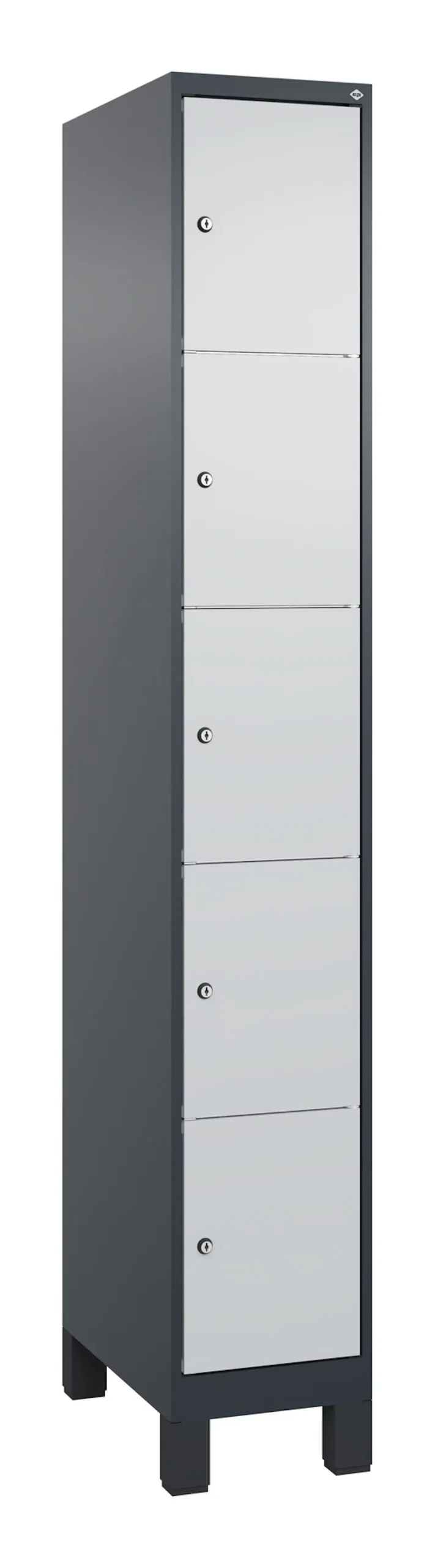 C+P Schließfachschränke Classic PLUS mit Füßen | 5 Abteile | HxBxT 195x30x50cm | Zylinderschloss | Stahl | Anthrazitgrau/Lichtgrau