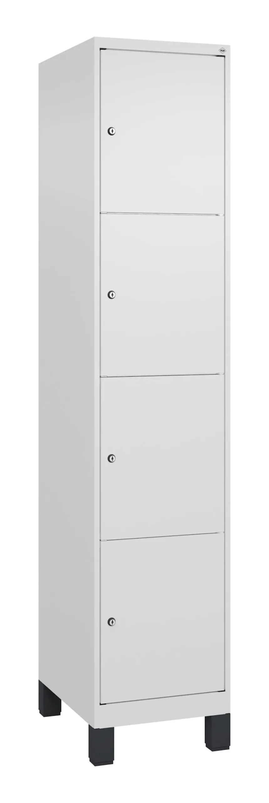C+P Schließfachschränke Classic PLUS mit Füßen | 4 Abteile | HxBxT 195x40x50cm | Zylinderschloss | Stahl | Verkehrsweiß/Verkehrsweiß