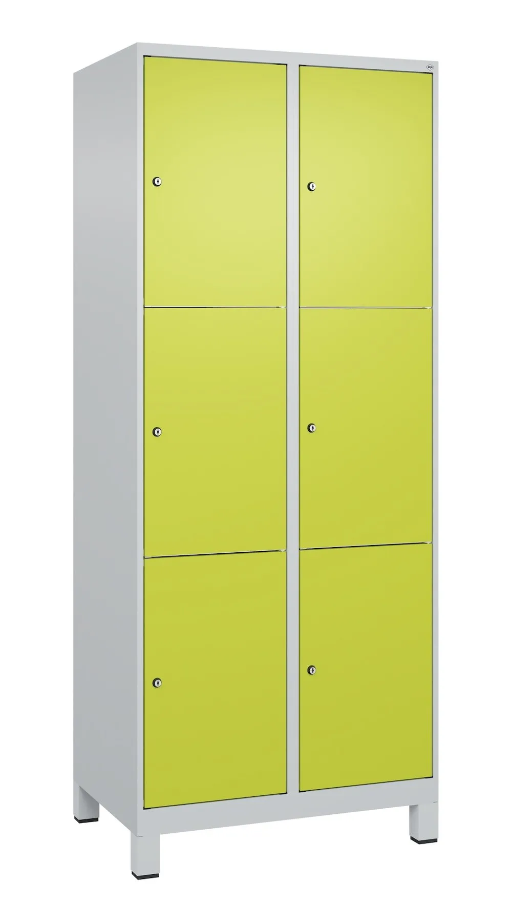 C+P Schließfachschränke Classic PLUS mit Füßen | 6 Abteile | HxBxT 195x80x50cm | Zylinderschloss | Stahl | Lichtgrau/Clowngrün