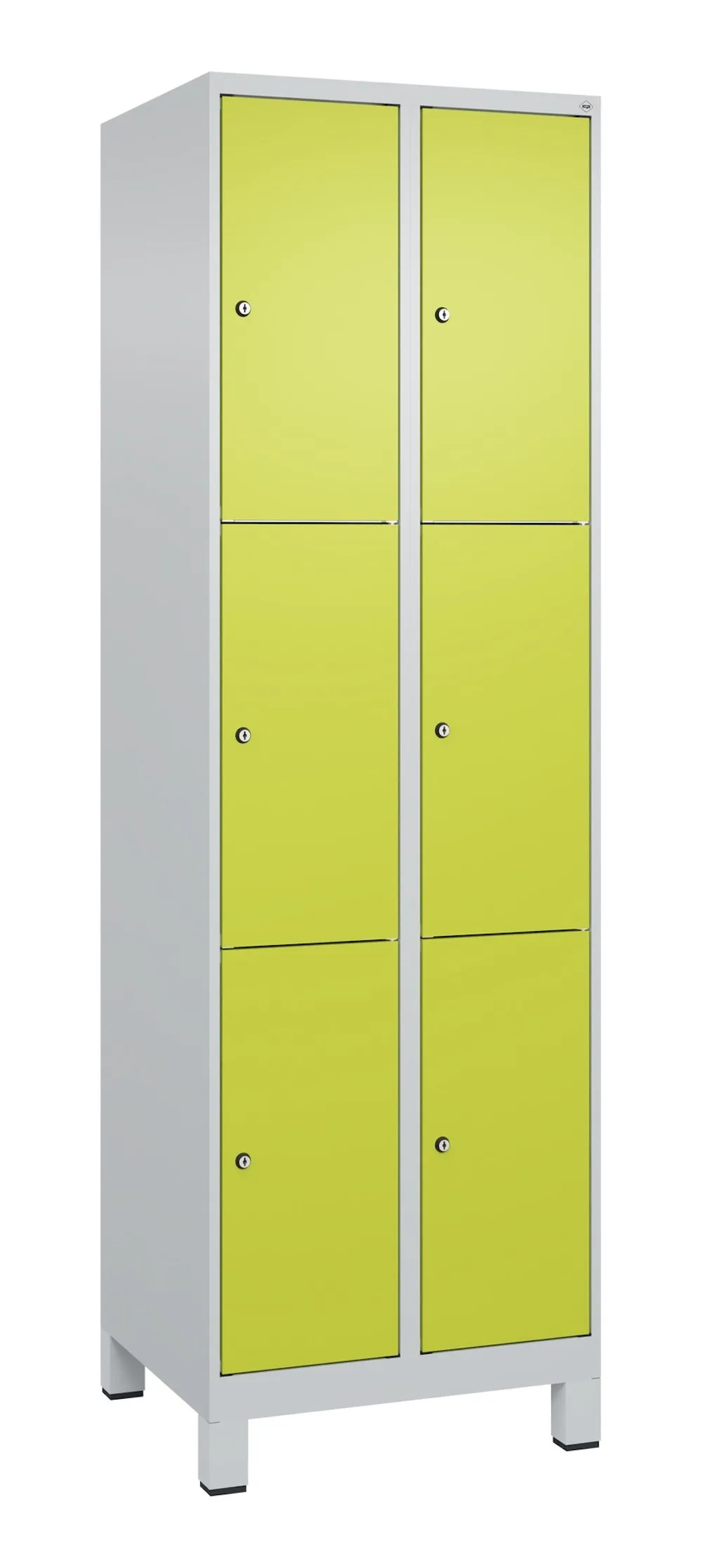 C+P Schließfachschränke Classic PLUS mit Füßen | 6 Abteile | HxBxT 195x60x50cm | Zylinderschloss | Stahl | Lichtgrau/Clowngrün