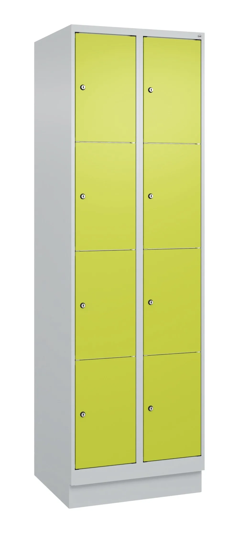 C+P Schließfachschränke Classic PLUS mit Sockel | 8 Abteile | HxBxT 195x60x50cm | Zylinderschloss | Stahl | Lichtgrau/Viridingrün
