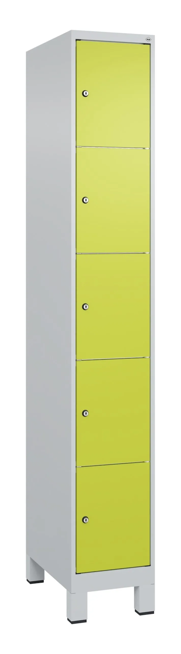 C+P Schließfachschränke Classic PLUS mit Füßen | 5 Abteile | HxBxT 195x30x50cm | Zylinderschloss | Stahl | Lichtgrau/Clowngrün