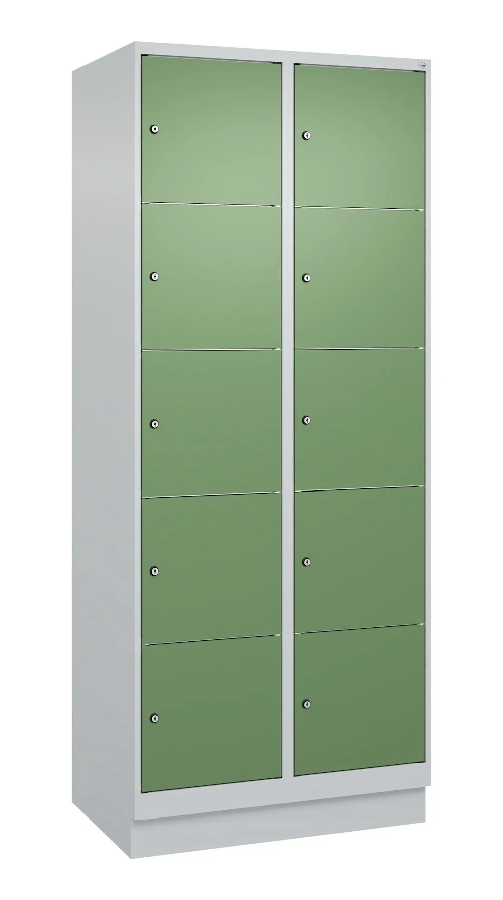 C+P Schließfachschränke Classic PLUS mit Sockel | 10 Abteile | HxBxT 195x80x50cm | Zylinderschloss | Stahl | Lichtgrau/Resedagrün