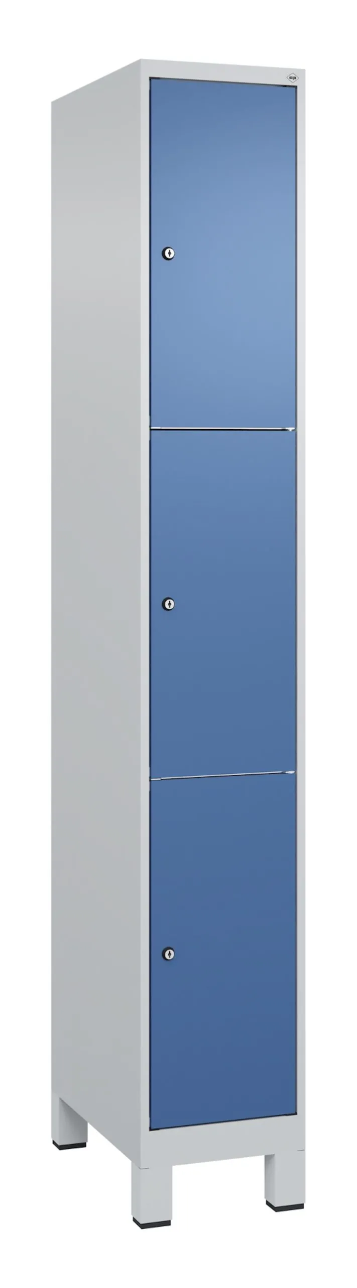 C+P Schließfachschränke Classic PLUS mit Füßen | 3 Abteile | HxBxT 195x30x50cm | Zylinderschloss | Stahl | Lichtgrau/Fernblau
