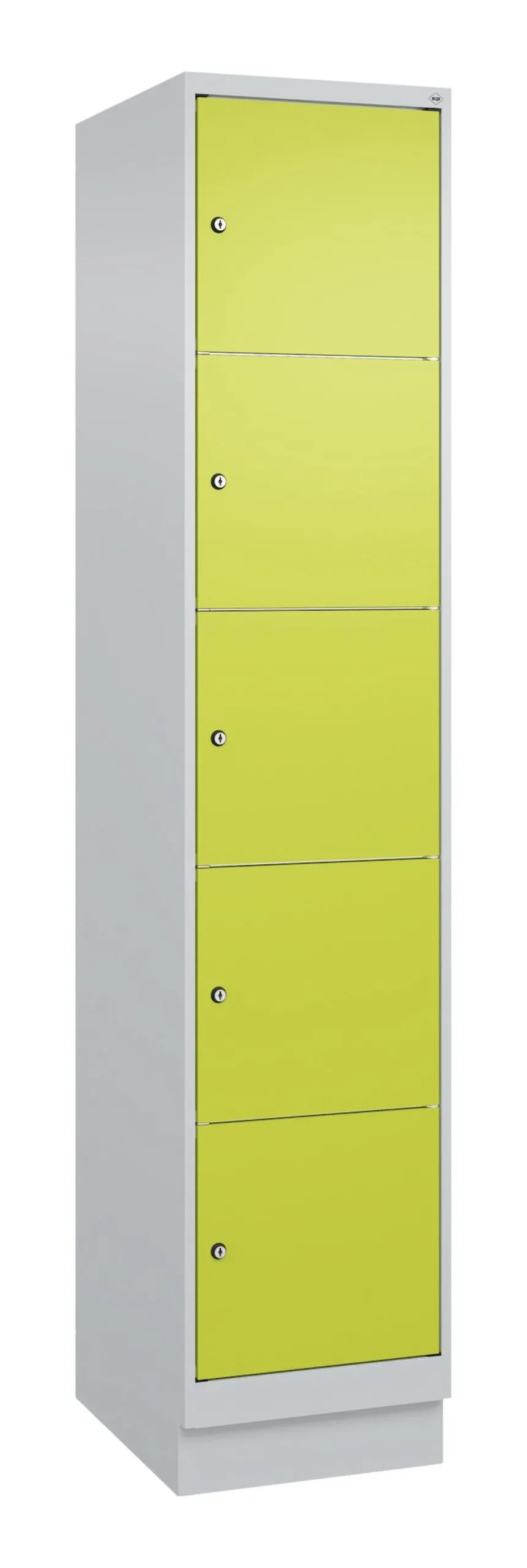 C+P Schließfachschränke Classic PLUS mit Sockel | 5 Abteile | HxBxT 195x40x50cm | Zylinderschloss | Stahl | Lichtgrau/Clowngrün