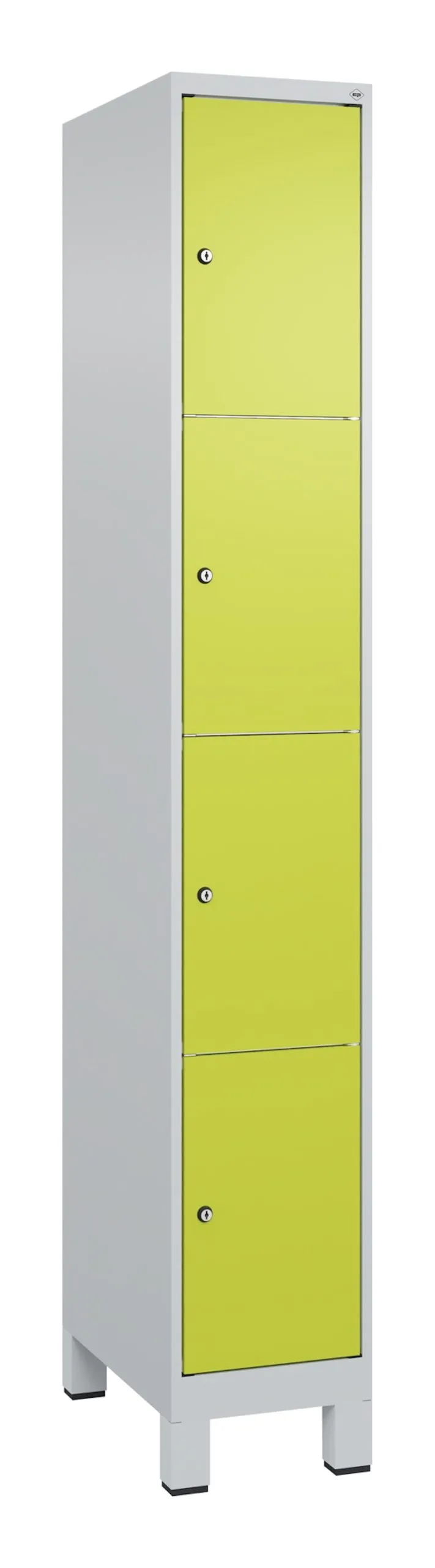 C+P Schließfachschränke Classic PLUS mit Füßen | 4 Abteile | HxBxT 195x30x50cm | Zylinderschloss | Stahl | Lichtgrau/Clowngrün