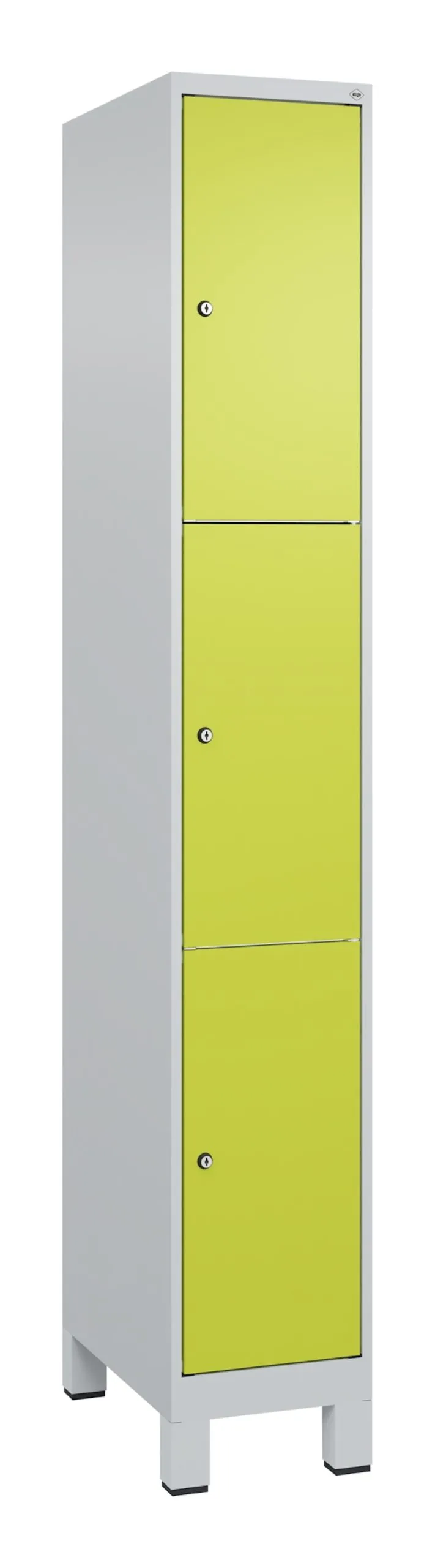 C+P Schließfachschränke Classic PLUS mit Füßen | 3 Abteile | HxBxT 195x30x50cm | Zylinderschloss | Stahl | Lichtgrau/Clowngrün