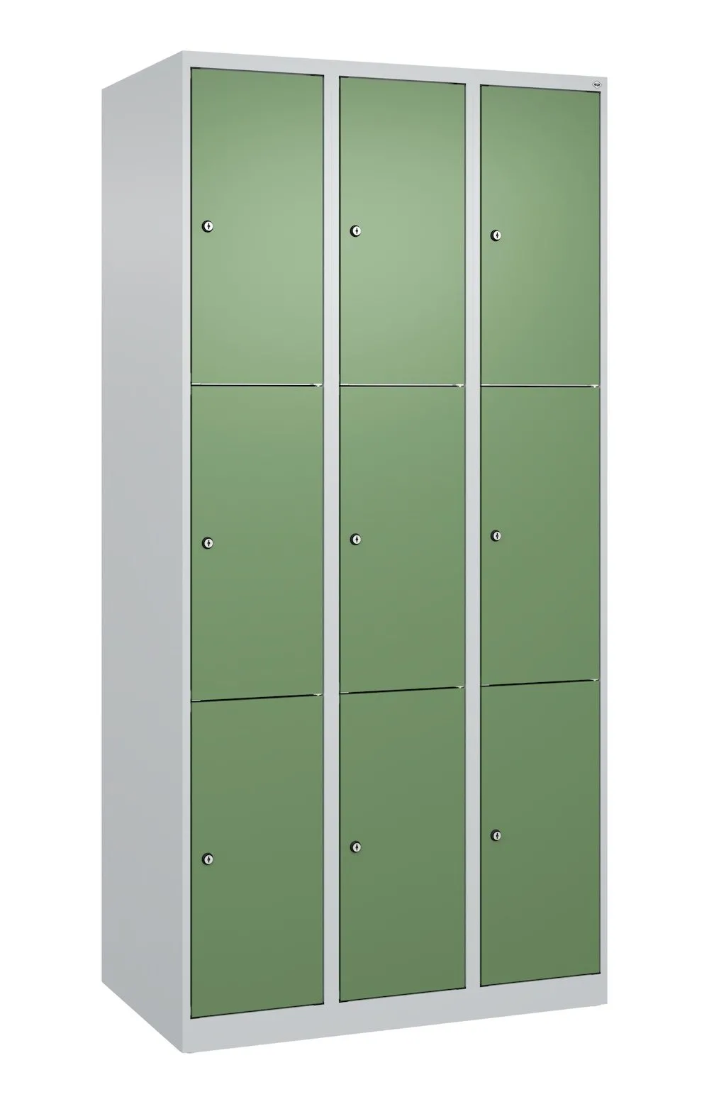 C+P Schließfachschränke Classic PLUS | 9 Abteile | HxBxT 185x90x50cm | Zylinderschloss | Stahl | Lichtgrau/Resedagrün