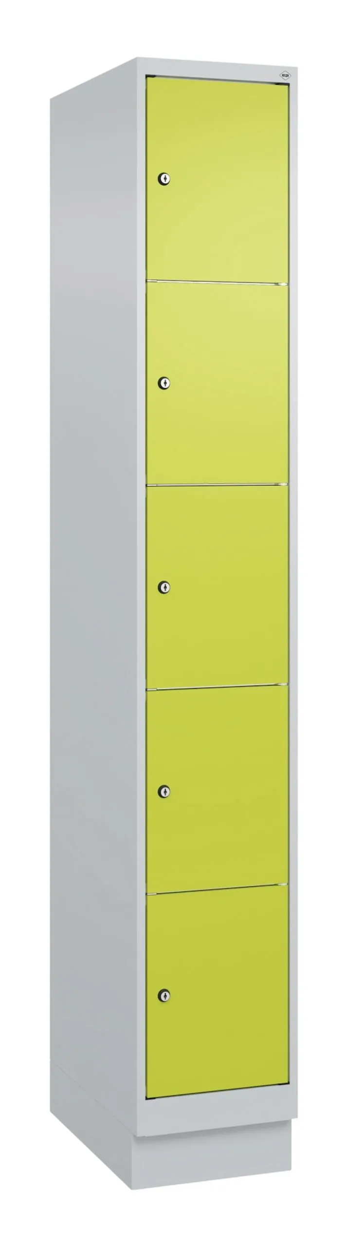 C+P Schließfachschränke Classic PLUS mit Sockel | 5 Abteile | HxBxT 195x30x50cm | Zylinderschloss | Stahl | Lichtgrau/Clowngrün