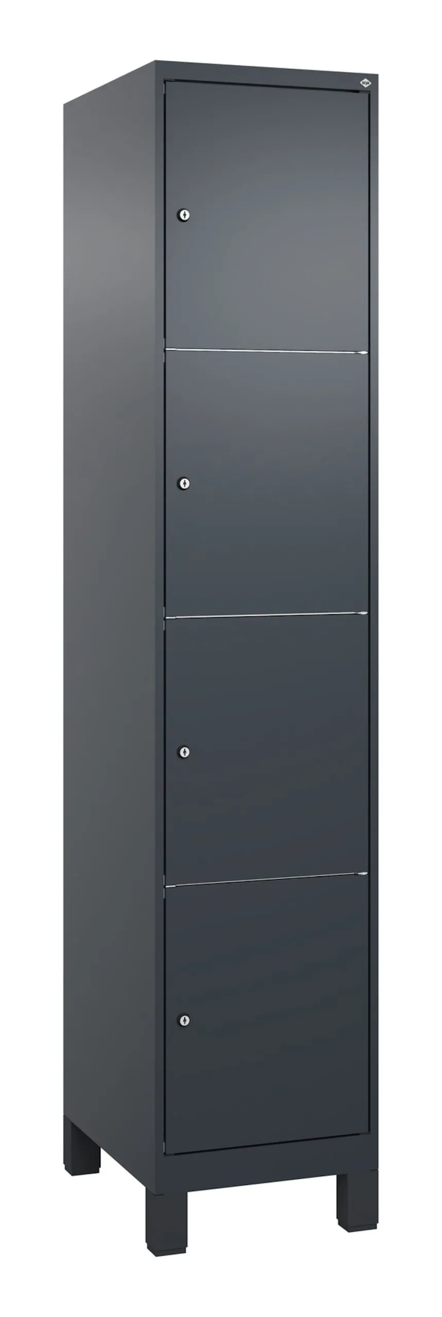 C+P Schließfachschränke Classic PLUS mit Füßen | 4 Abteile | HxBxT 195x40x50cm | Zylinderschloss | Stahl | Anthrazitgrau/Anthrazitgrau