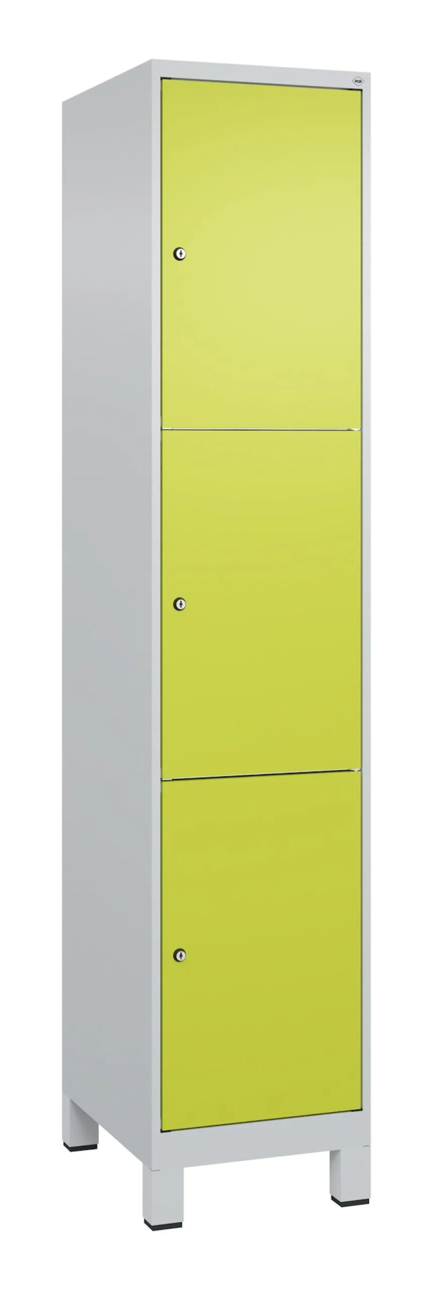 C+P Schließfachschränke Classic PLUS mit Füßen | 3 Abteile | HxBxT 195x40x50cm | Zylinderschloss | Stahl | Lichtgrau/Clowngrün