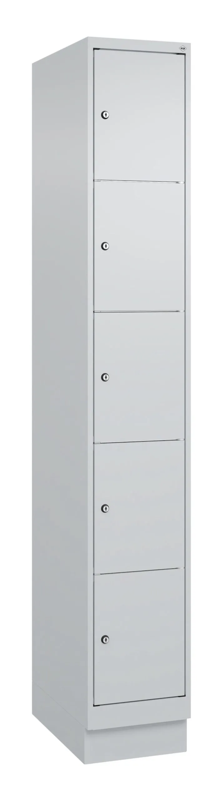 C+P Schließfachschränke Classic PLUS mit Sockel | 5 Abteile | HxBxT 195x30x50cm | Zylinderschloss | Stahl | Lichtgrau/Lichtgrau