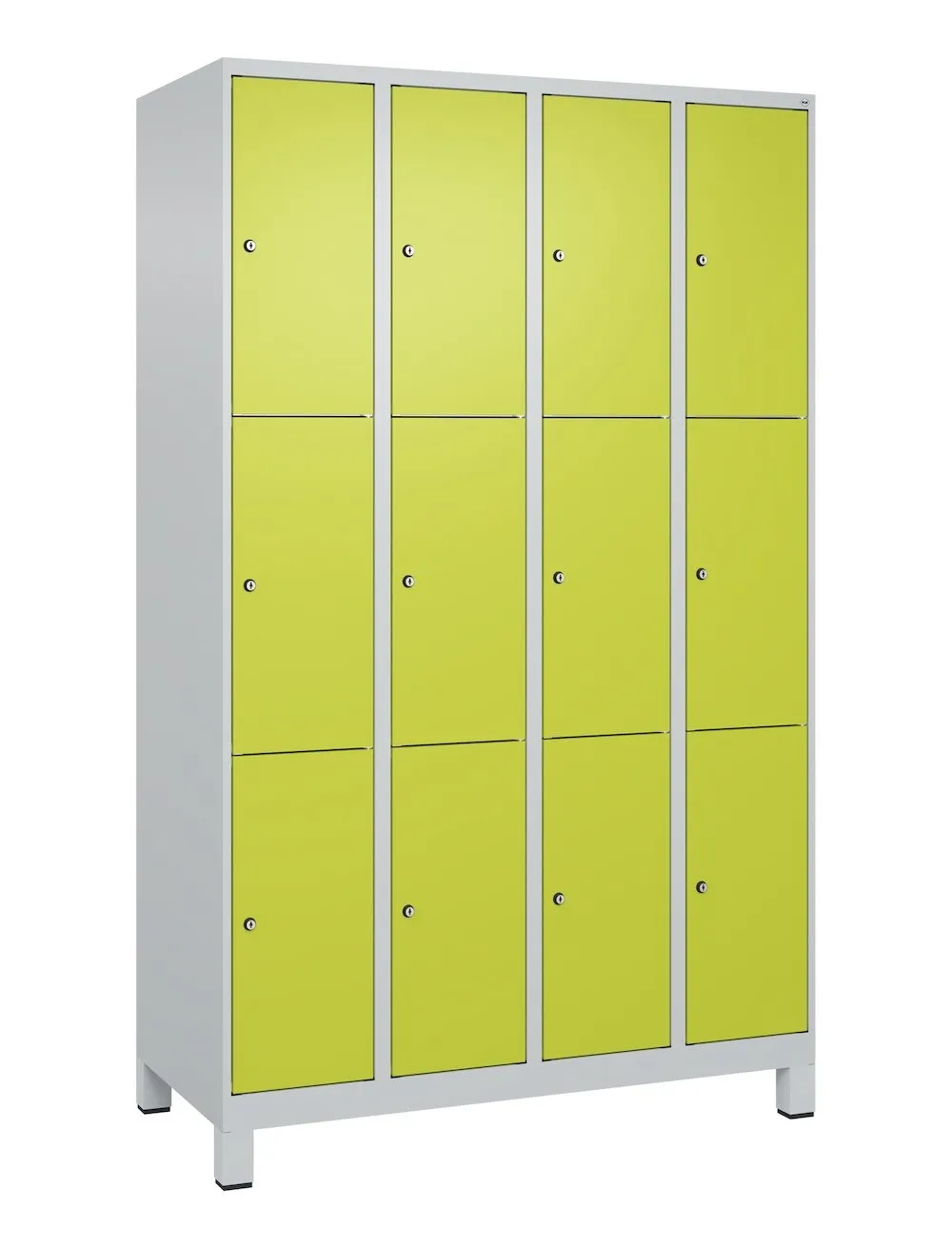 C+P Schließfachschränke Classic PLUS mit Füßen | 12 schmale Abteile | HxBxT 195x120x50cm | Zylinderschloss | Stahl | Lichtgrau/Clowngrün