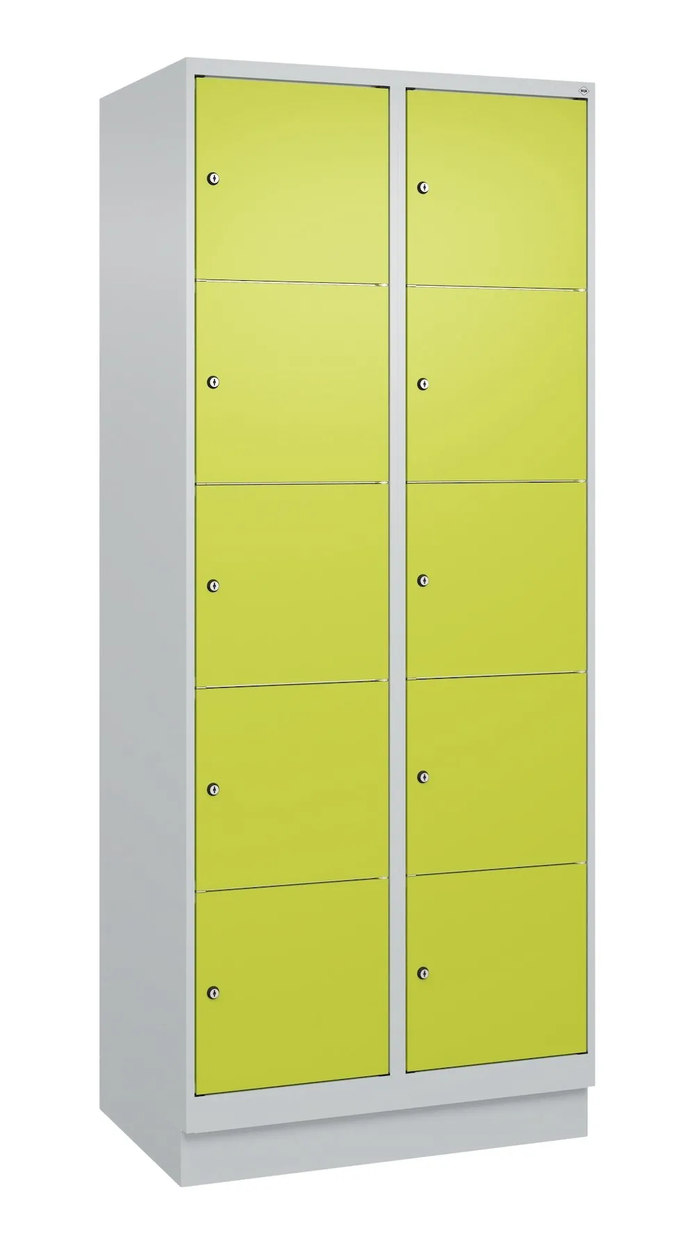 C+P Schließfachschränke Classic PLUS mit Sockel | 10 Abteile | HxBxT 195x80x50cm | Zylinderschloss | Stahl | Lichtgrau/Viridingrün