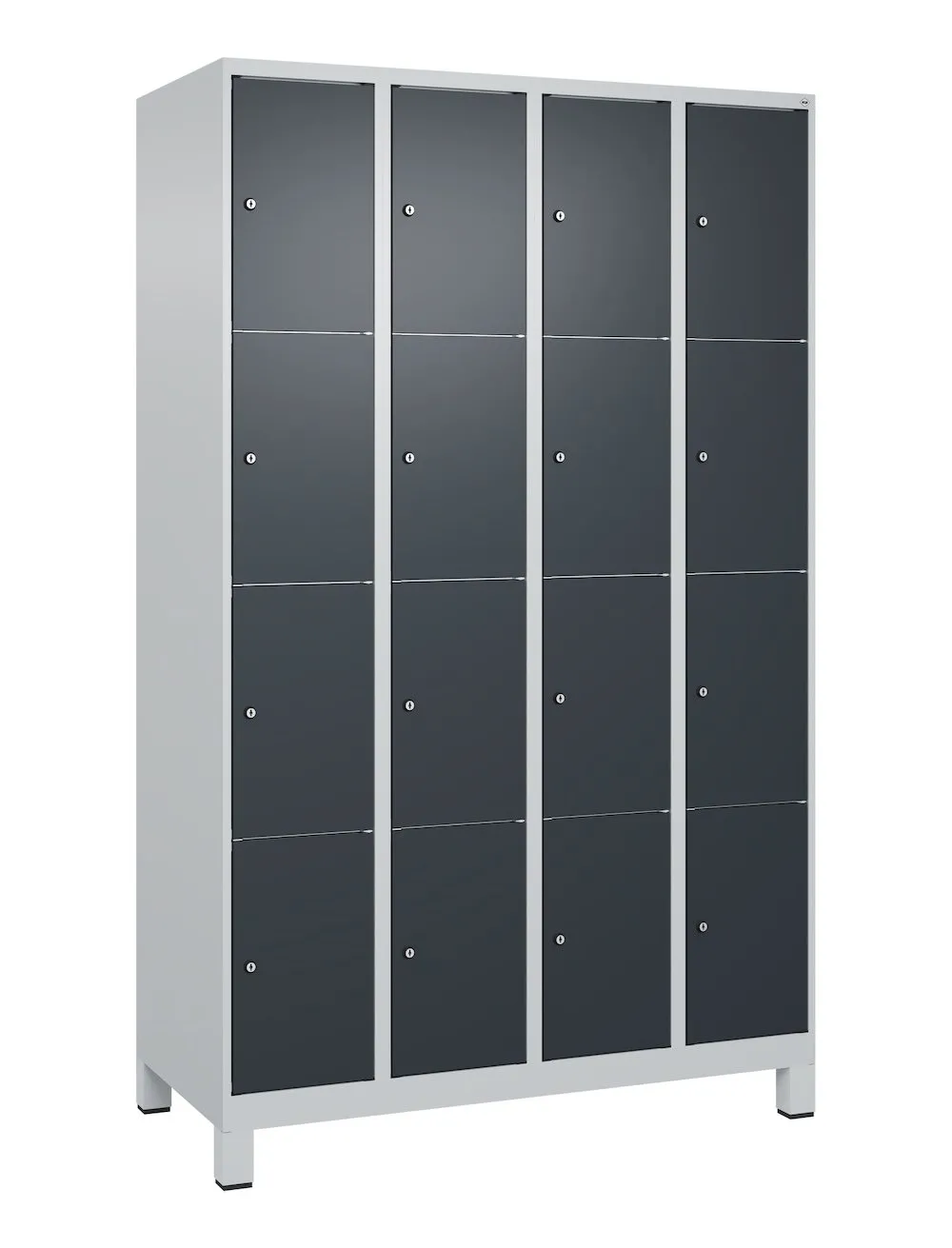 C+P Schließfachschränke Classic PLUS mit Füßen | 16 Abteile | HxBxT 195x120x50cm | Zylinderschloss | Stahl | Lichtgrau/Anthrazitgrau