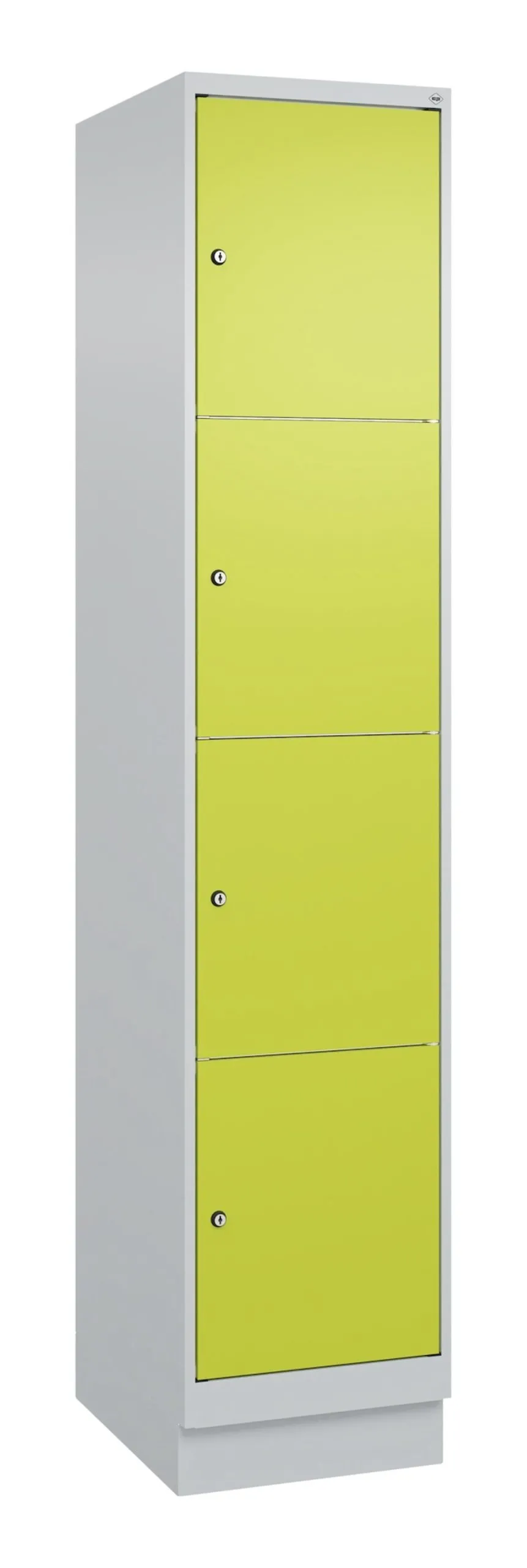 C+P Schließfachschränke Classic PLUS mit Sockel | 4 Abteile | HxBxT 195x40x50cm | Zylinderschloss | Stahl | Lichtgrau/Clowngrün