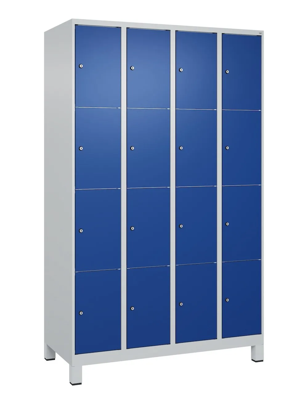 C+P Schließfachschränke Classic PLUS mit Füßen | 16 Abteile | HxBxT 195x120x50cm | Zylinderschloss | Stahl | Lichtgrau/Enzianblau