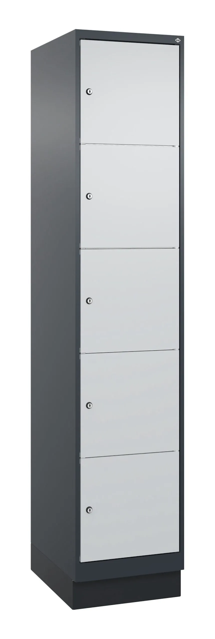 C+P Schließfachschränke Classic PLUS mit Sockel | 5 Abteile | HxBxT 195x40x50cm | Zylinderschloss | Stahl | Anthrazitgrau/Lichtgrau