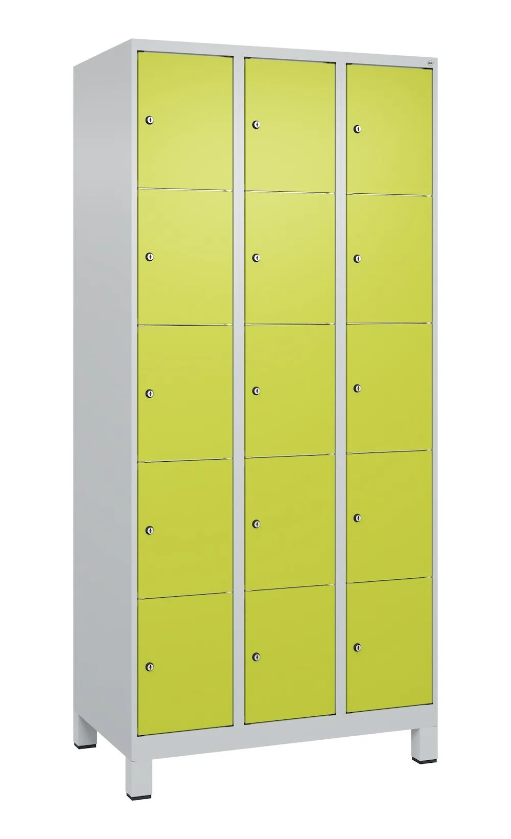 C+P Schließfachschränke Classic PLUS mit Füßen | 15 Abteile | HxBxT 195x90x50cm | Zylinderschloss | Stahl | Lichtgrau/Clowngrün