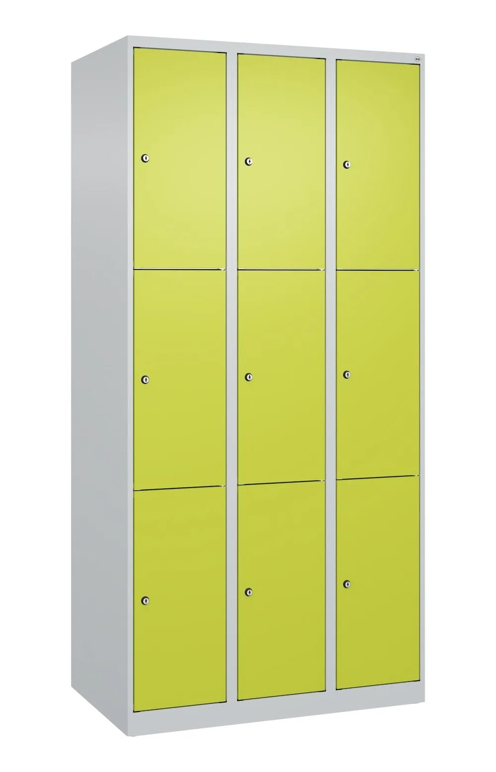 C+P Schließfachschränke Classic PLUS | 9 Abteile | HxBxT 185x90x50cm | Zylinderschloss | Stahl | Lichtgrau/Clowngrün