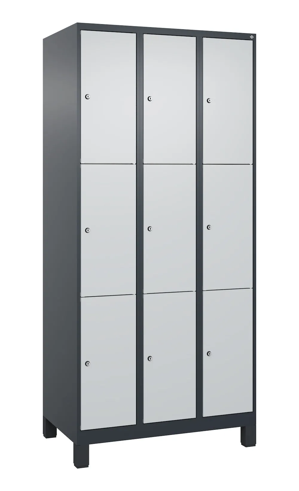 C+P Schließfachschränke Classic PLUS mit Füßen | 9 Abteile | HxBxT 195x90x50cm | Zylinderschloss | Stahl | Anthrazitgrau/Lichtgrau