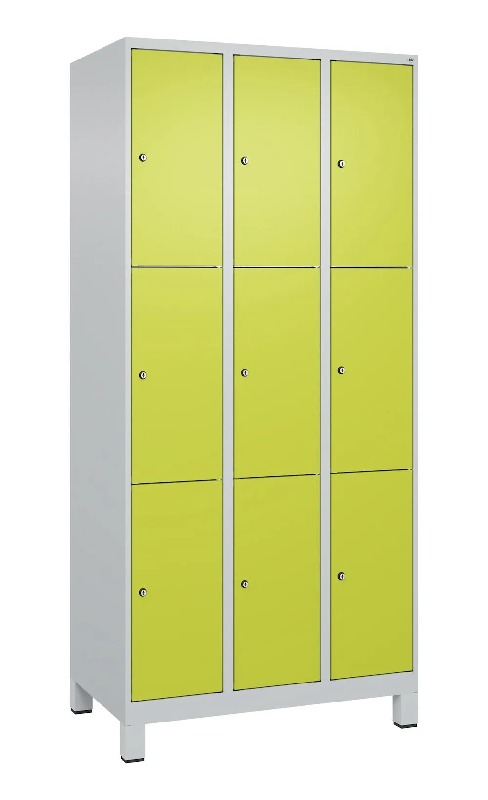 C+P Schließfachschränke Classic PLUS mit Füßen | 9 Abteile | HxBxT 195x90x50cm | Zylinderschloss | Stahl | Lichtgrau/Clowngrün