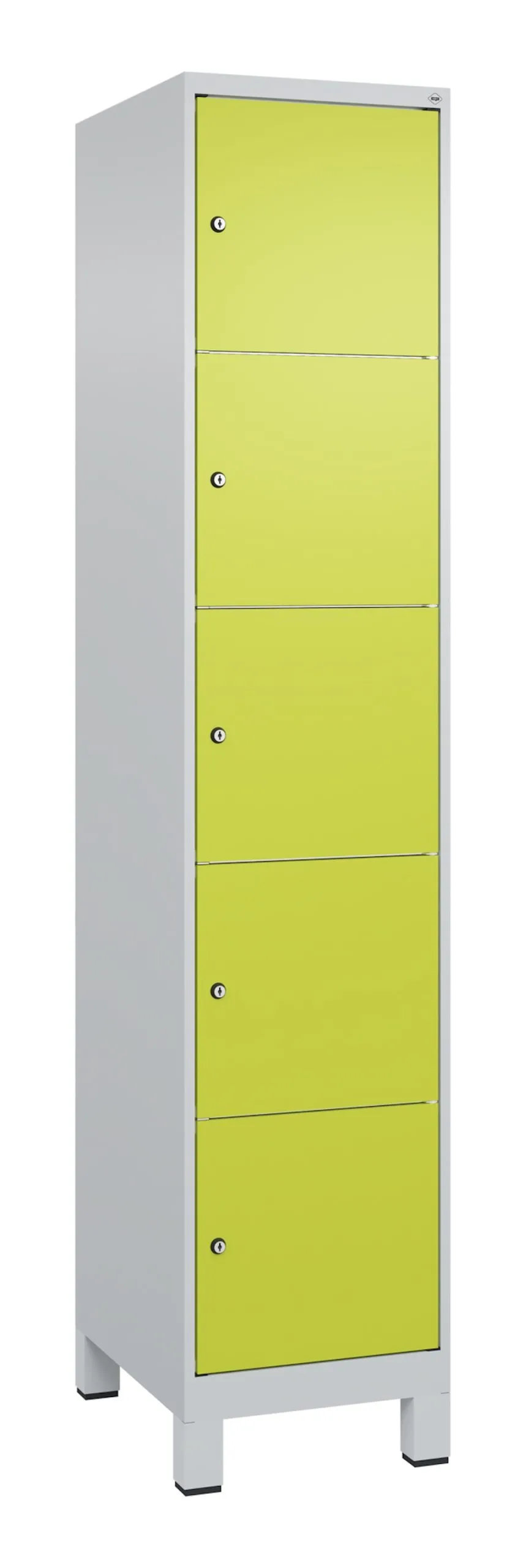 C+P Schließfachschränke Classic PLUS mit Füßen | 5 Abteile | HxBxT 195x40x50cm | Zylinderschloss | Stahl | Lichtgrau/Clowngrün