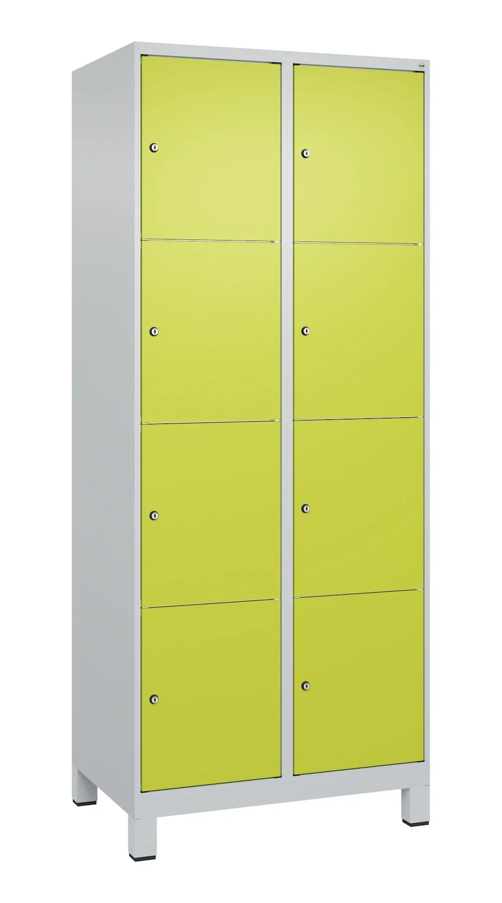 C+P Schließfachschränke Classic PLUS mit Füßen | 8 Abteile | HxBxT 195x80x50cm | Zylinderschloss | Stahl | Lichtgrau/Clowngrün