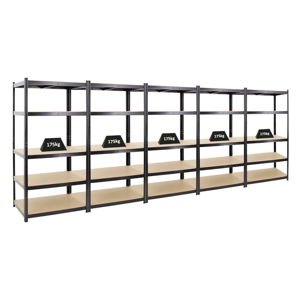 Mega Deal | 5x Schwerlastregal TAURUS | HxBxT 180x90x60cm | Fachlast 175kg | Schwarz