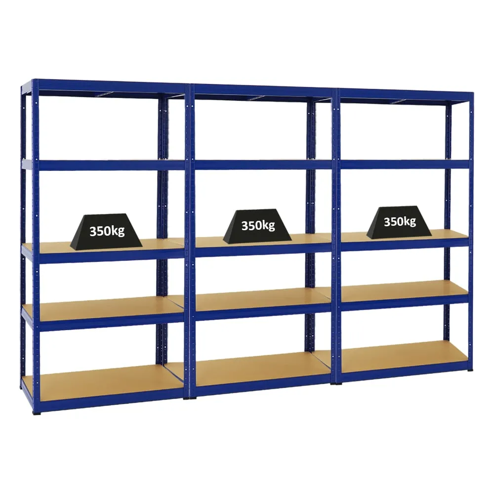 Mega Deal | 3x Schwerlastregal Slim Elephant S | HxBxT 180x90x45 cm | 5 Ebenen | Fachlast 350 kg | Blau