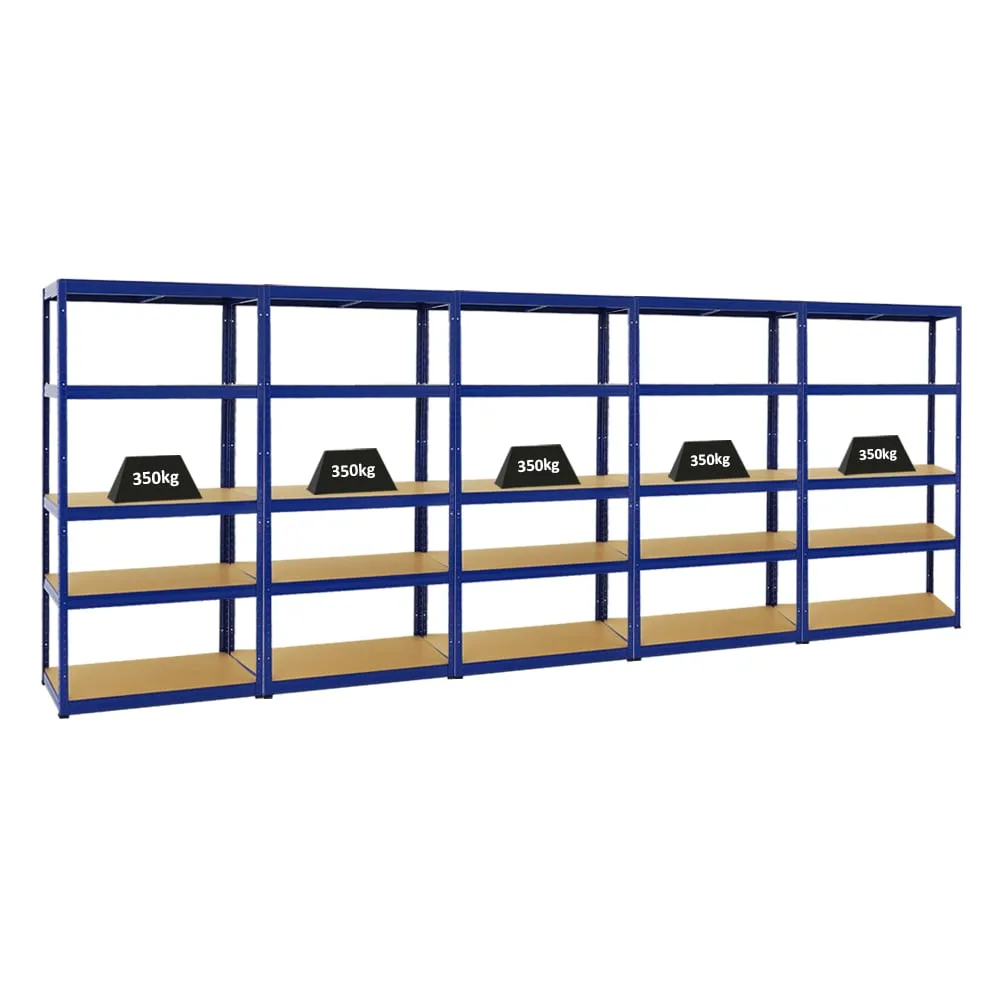 Mega Deal | 5x Schwerlastregal Slim Elephant S | HxBxT 180x90x45 cm | 5 Ebenen | Fachlast 350 kg | Blau