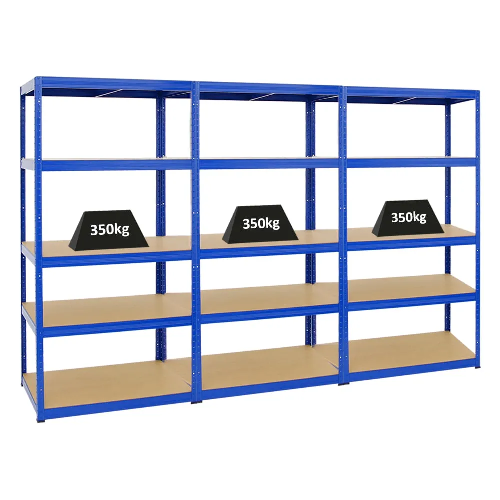 Mega Deal | 3x Schwerlastregal Slim Elephant M | HxBxT 180x90x60 cm | 5 Ebenen | Fachlast 350 kg | Blau