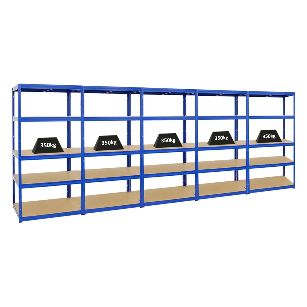 Mega Deal | 5x Schwerlastregal Slim Elephant M | HxBxT 180x90x60 cm | 5 Ebenen | Fachlast 350 kg | Blau