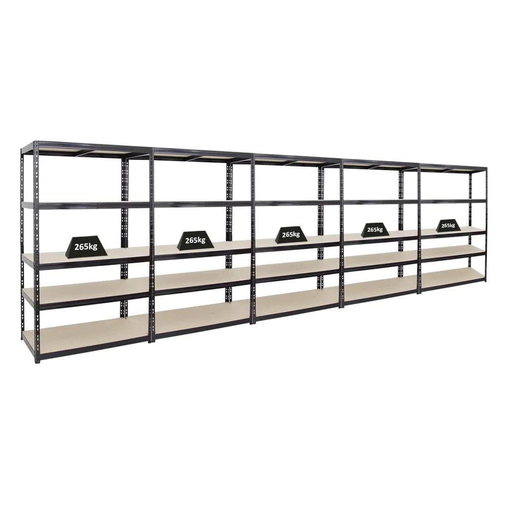 Mega Deal | 5x Schwerlastregal Giant Tiger | HxBxT 200x120x60cm | Fachlast 265kg | 5-Ebenen | Schwarz | Garagenregal, Lagerregal, Steckregal, Kellerregal, Werkstattregal