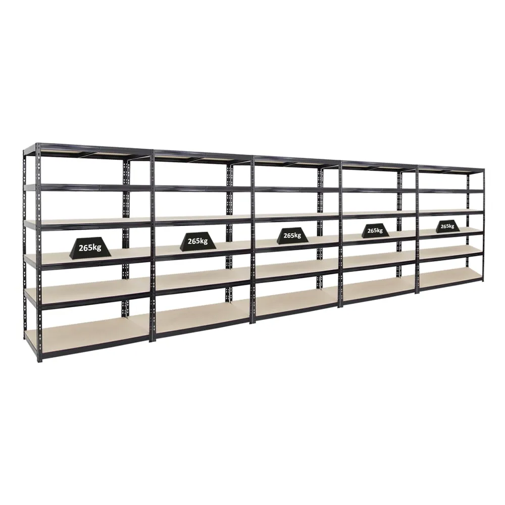 Mega Deal | 5x Schwerlastregal Giant Tiger | HxBxT 200x120x60cm | Fachlast 265kg | 6-Ebenen | Schwarz | Garagenregal, Lagerregal, Steckregal, Kellerregal, Werkstattregal