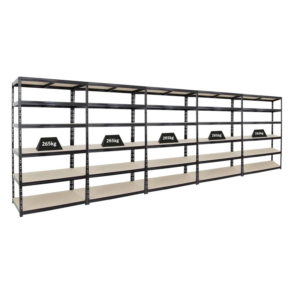 Mega Deal | 5x Schwerlastregal Giant Tiger XL | HxBxT 220x120x60cm | Fachlast 265kg | 6-Ebenen | Schwarz | Garagenregal, Lagerregal, Steckregal, Kellerregal, Werkstattregal