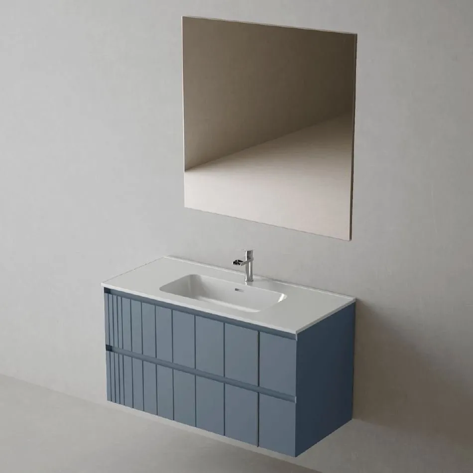 POLE SCHRANK 100CM WANDHÄNGEND 2 SCHUBLADEN MIT WASCHTISCH+SPIEGEL COBALT MATT