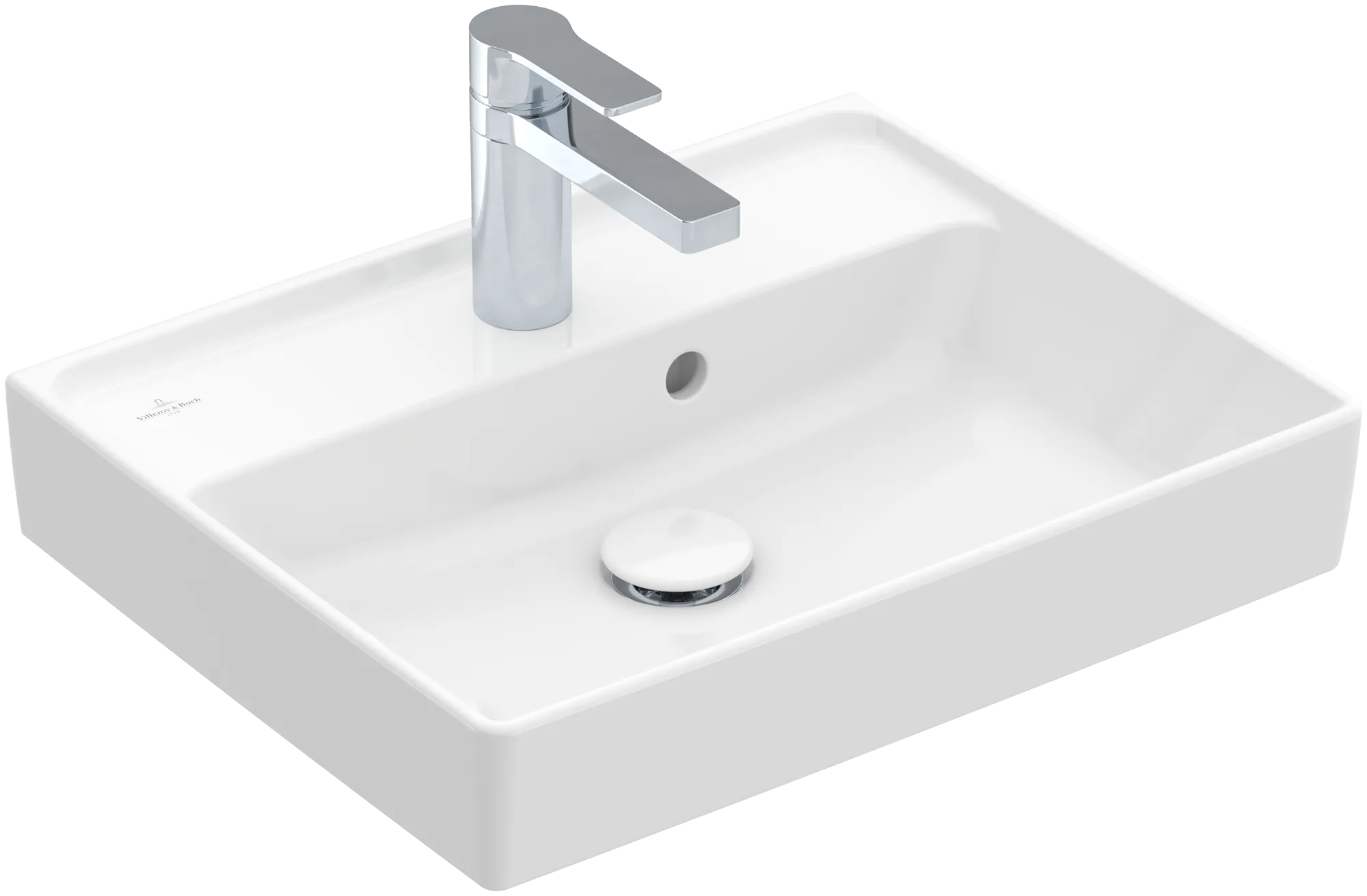 Villeroy & Boch Handwaschbecken aus TitanCeram „Collaro“ 500 × 400 × 150 mm, mit Hahnlochbohrung, Hahnlochposition mittig in Weiß Alpin