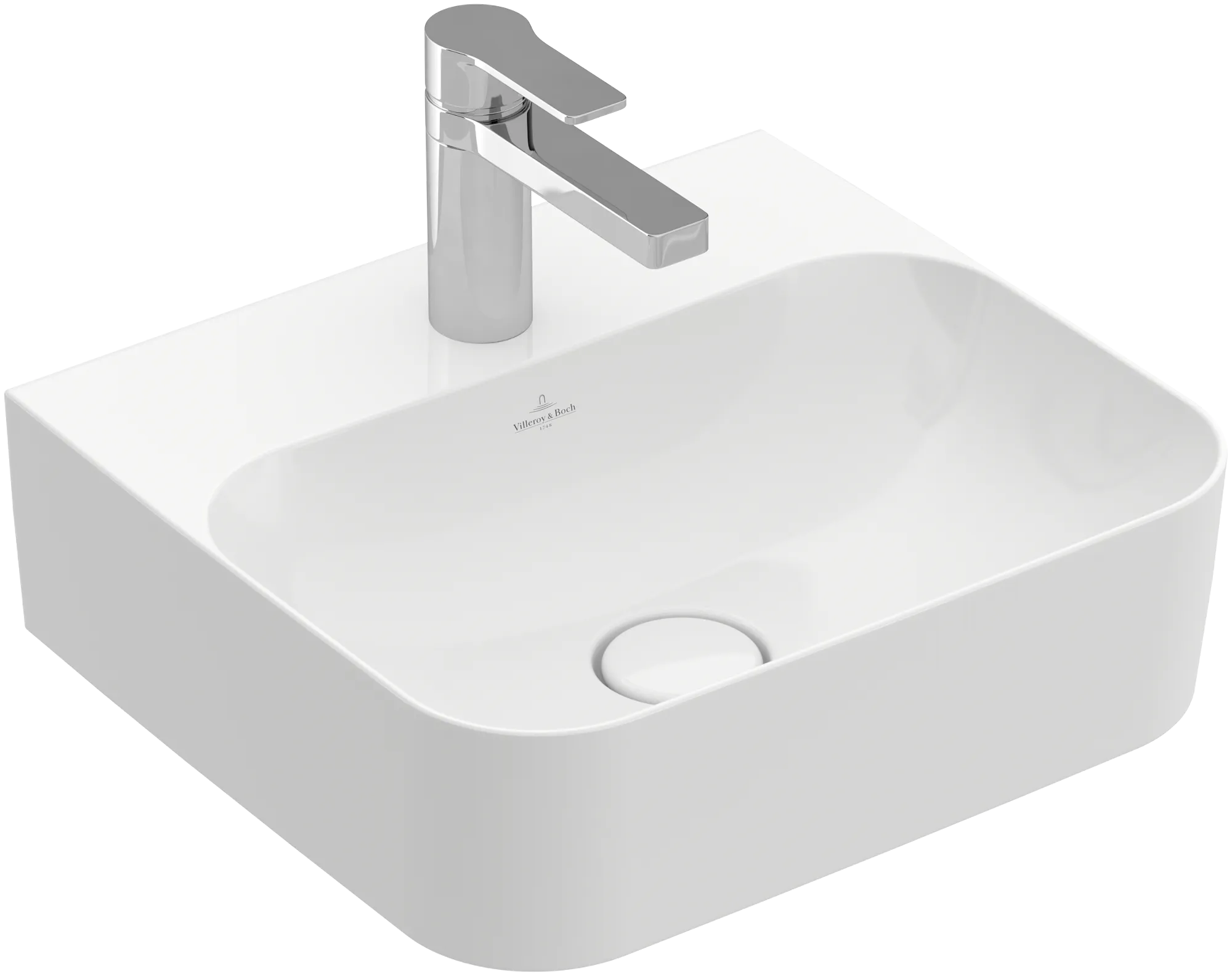 Villeroy & Boch Handwaschbecken aus TitanCeram geschliffen „Finion“ 430 × 390 × 140 mm, mit Hahnlochbohrung, Hahnlochposition mittig in Weiß Alpin, mit CeramicPlus