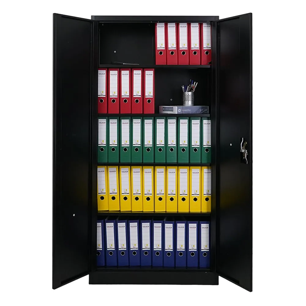 Flügeltürenschrank ELEPHANT mit 2 Türen, abschließbar | HxBxT 180x80x40cm | 4 Ebenen | Stahl mit Pulverbeschichtung | Schwarz | Spind Aktenschrank Metallschrank Werkstattschrank Mehrzweckschrank